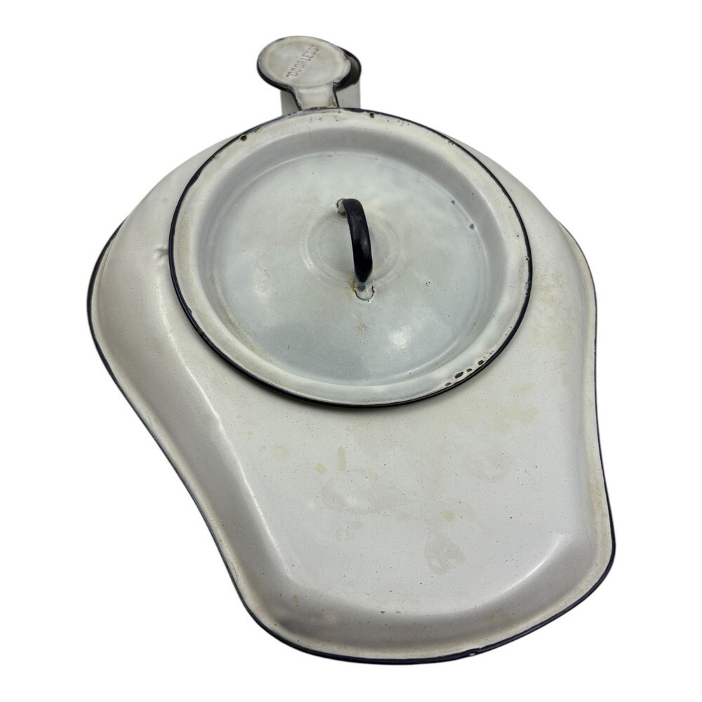 Vintage Enamelware "Odorless" Bedpan with Lid - White & Black‎ Trim